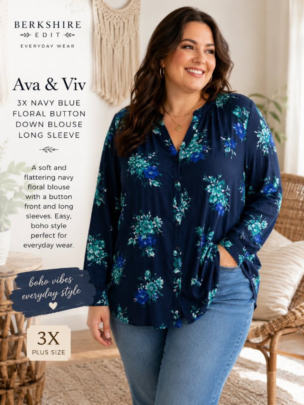 Ava & Viv 3X Navy Blue Floral Button Front Blouse Long Sleeve Plus Size